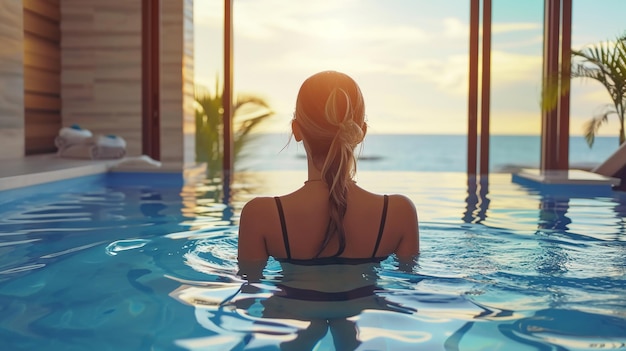 Foto schöne frau entspannt sich im schwimmbad eines luxuriösen hotels