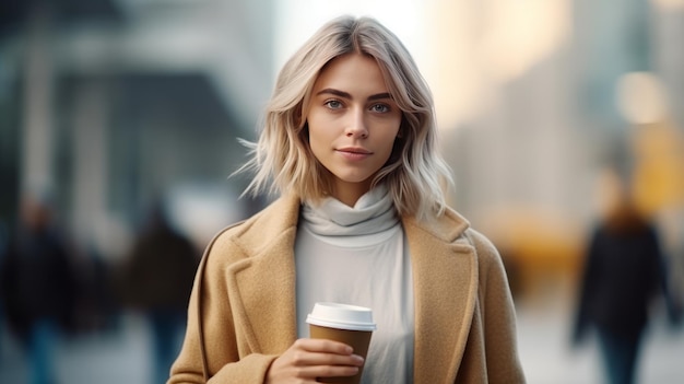 Schöne Frau geht mit Kaffee zur Arbeit und geht in der Nähe des Bürogebäudes