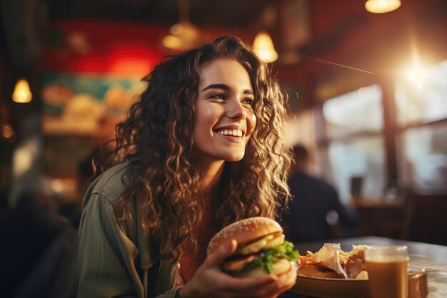Schöne Frau genießt einen Hamburger in einem Restaurant, das ungesunde Essgewohnheiten hervorhebt