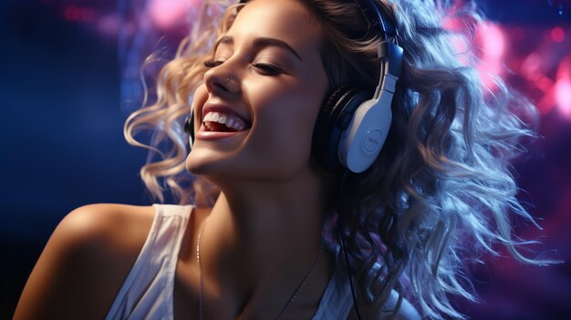 Schöne Frau genießt Musik mit Kopfhörern in einem Nachtclub. Generative KI