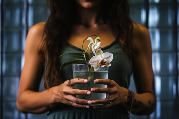 Foto schöne frau hält eine dose wasser mit einer orchideenpflanze in den händen