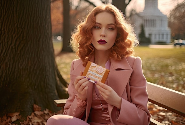 Schöne Frau hält einen Snack im Park, aigeneriertes Kunstwerk