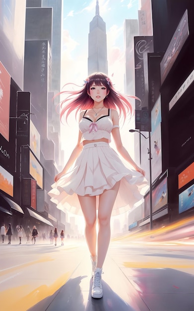 Schöne Frau im Anime-Stil, die die Straßenmetropole entlang läuft