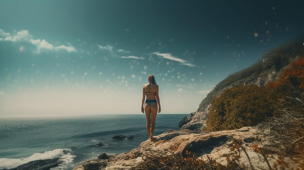 Schöne Frau im Bikini am Strand Panorama-Bannergenerative ai