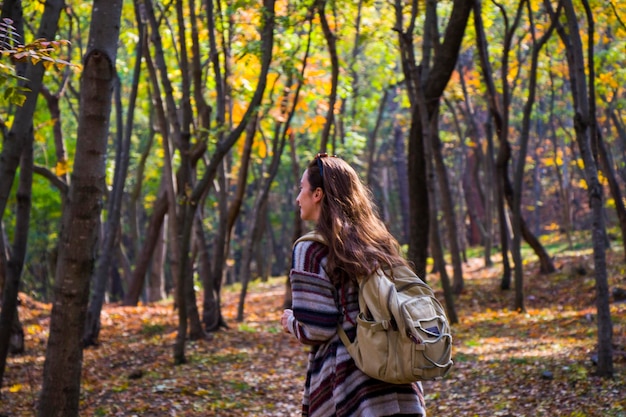 Foto schöne frau im herbst und herbst wald und wilder herbstbaum mit gelb