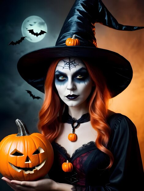Schöne Frau im Hexenkostüm mit Halloween-Make-up, Halloween-Kerzen, Kürbissen und Fledermäusen