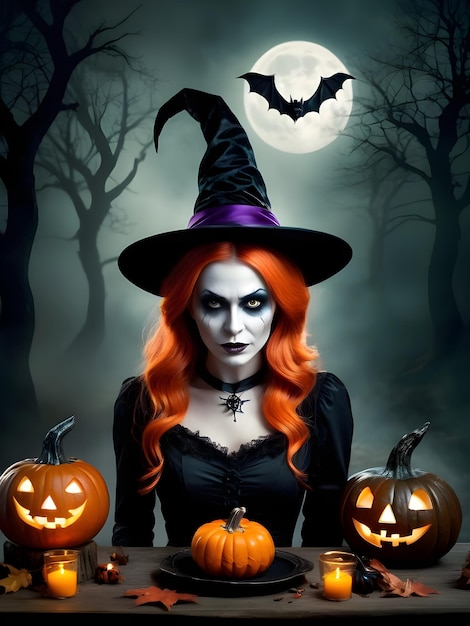 Schöne Frau im Hexenkostüm mit Halloween-Make-up, Halloween-Kerzen, Kürbissen und Fledermäusen