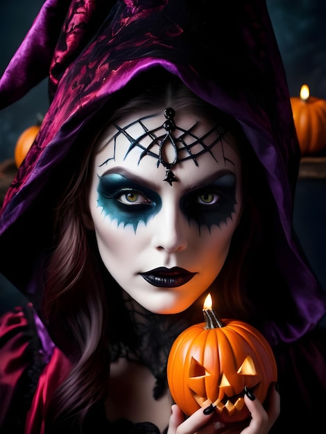 Schöne Frau im Hexenkostüm mit Halloween-Make-up, Halloween-Kerzen, Kürbissen und Fledermäusen