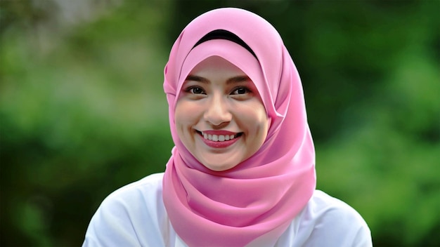Schöne Frau im rosafarbenen Hijab lächelt