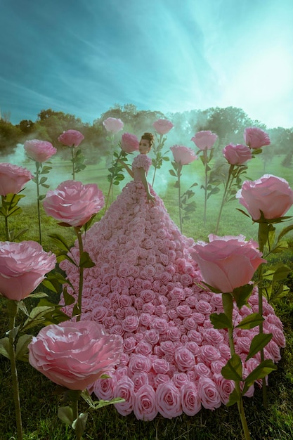 Schöne Frau im Rosenkleid im Garten mit riesigen Rosen