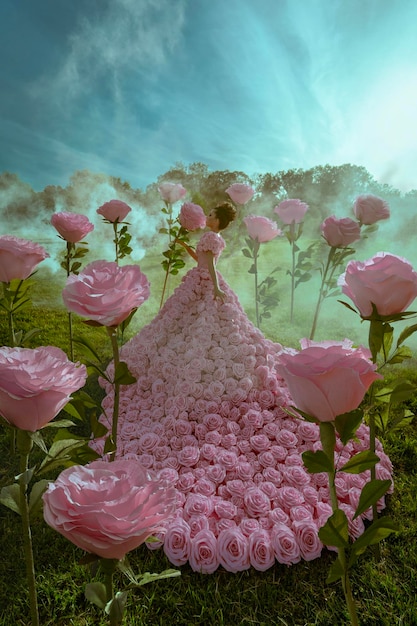 Schöne Frau im Rosenkleid im Garten mit riesigen Rosen