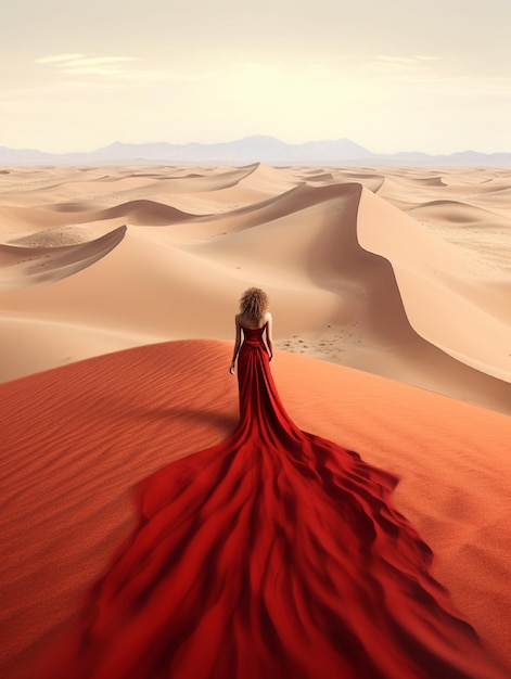 Schöne Frau im roten Kleid in der Wüste