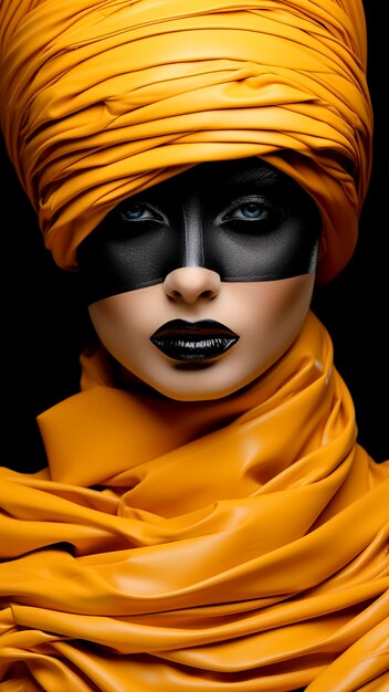 Schöne Frau im schwarz-gelben Turban Exotische Eleganz Mode Kunst und kultureller Stil