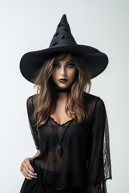 Schöne Frau im schwarzen Hexen-Halloween-Kostüm auf weißem Hintergrund