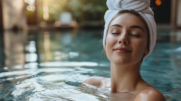 Foto schöne frau im schwimmbad eines luxuriösen hotels