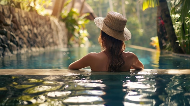 Foto schöne frau im urlaub, die sich im schwimmbad eines luxuriösen tropischen resorts entspannt.