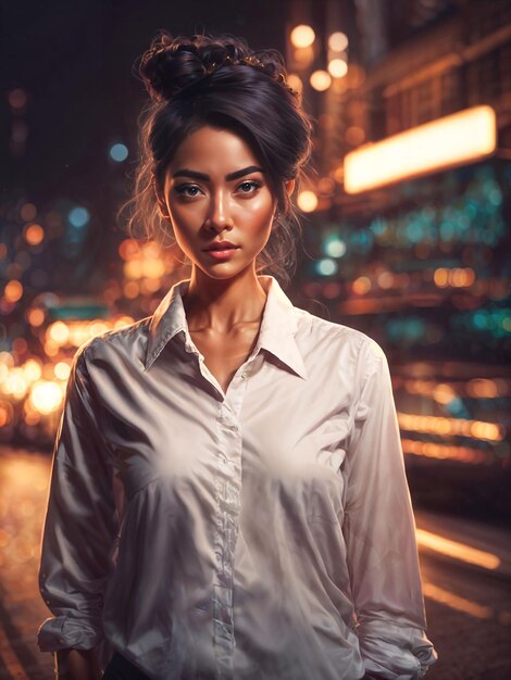 Schöne Frau im weißen Hemd bei Nacht, generative KI auf der Straße