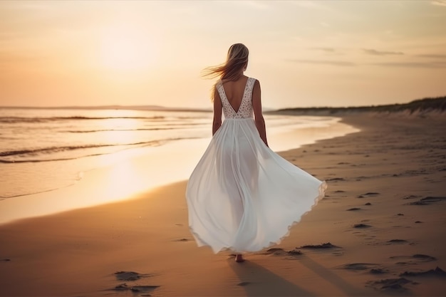 Schöne Frau im weißen Kleid, die bei Sonnenuntergang am Strand spaziert