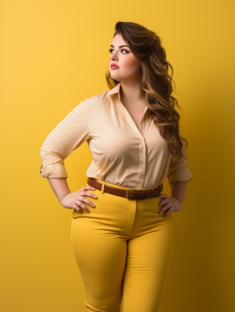 schöne Frau in Übergröße in gelben Hosen, die auf gelbem Hintergrund steht