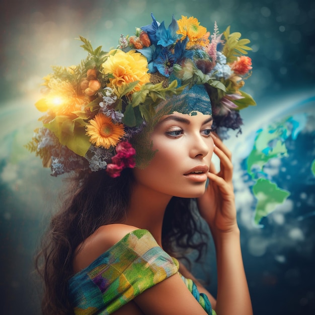 schöne Frau in einem Blumenkranz auf dem Hintergrund des Planeten Erde Earth Day-Konzept Generative KI