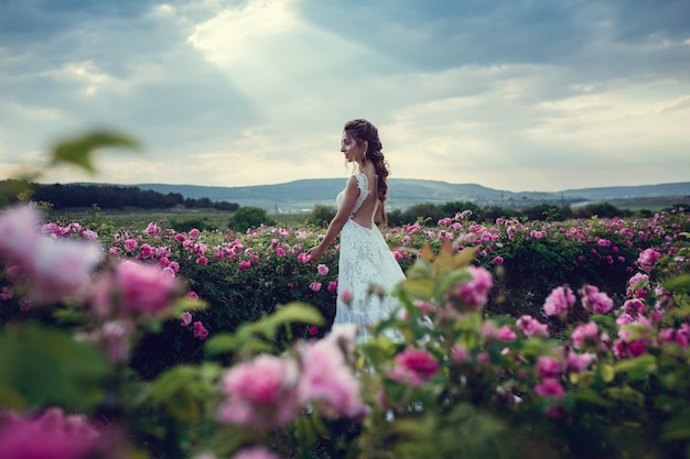 Schöne Frau in einem Blumenpark, Gartenrosen. Make-up, Haare, ein Rosenkranz. Langes Hochzeitskleid. Frau im Boho-Stil
