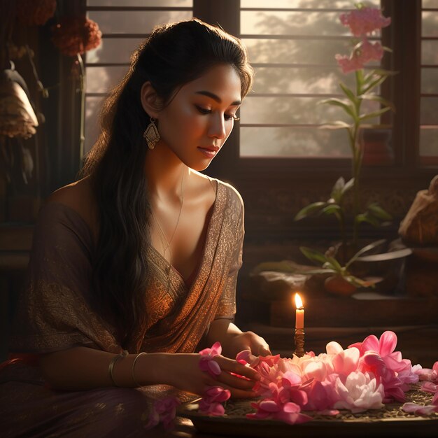 Foto schöne frau in einem gelben thai loi krathong-kleid, geschmückt mit blumen, kerzen und weihrauch