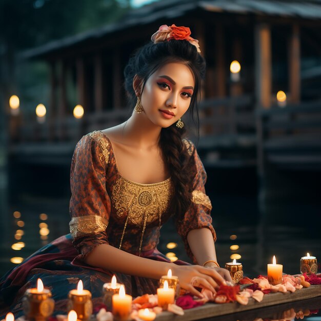 Schöne Frau in einem gelben Thai Loi Krathong-Kleid, geschmückt mit Blumen, Kerzen und Weihrauch