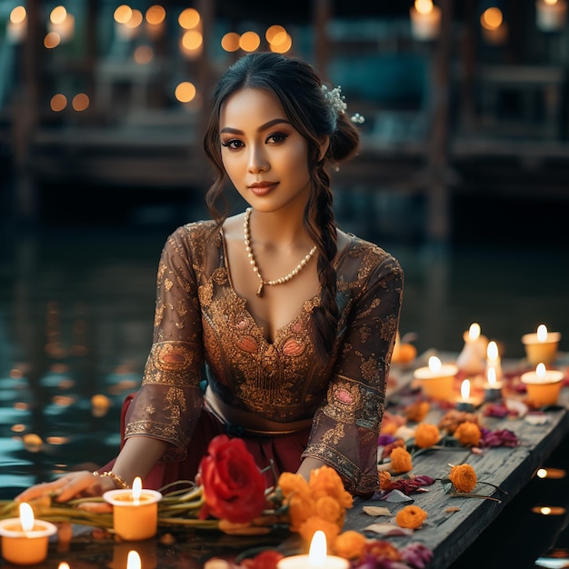 Schöne Frau in einem gelben Thai Loi Krathong-Kleid, geschmückt mit Blumen, Kerzen und Weihrauch