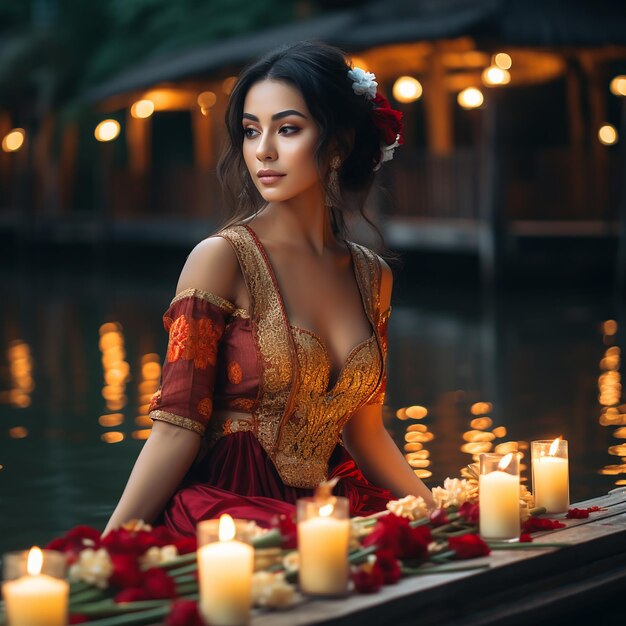 Schöne Frau in einem gelben Thai Loi Krathong-Kleid, geschmückt mit Blumen, Kerzen und Weihrauch