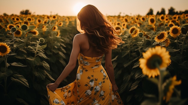 Foto schöne frau in einem kleid in einem sonnenblumenfeld tapeten