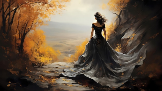 Schöne Frau in einem langen fließenden Ballkleid im Herbstpark Langes Banner Schwarz und Gold Farbpalette