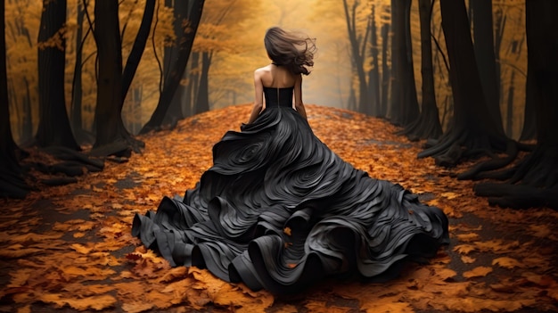 Schöne Frau in einem langen fließenden Ballkleid im Herbstpark Langes Banner Schwarz und Gold Farbpalette
