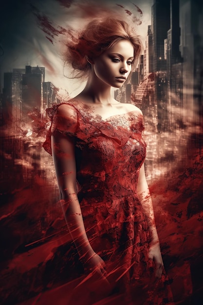 Schöne Frau in einem roten Kleid. Buchcover eines romantischen Romans mit Doppelbelichtung. Generative KI-Illustration