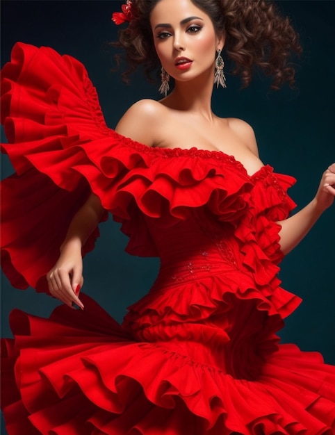 schöne Frau in einem roten, ruffelten Kleid tanzt Flamenco