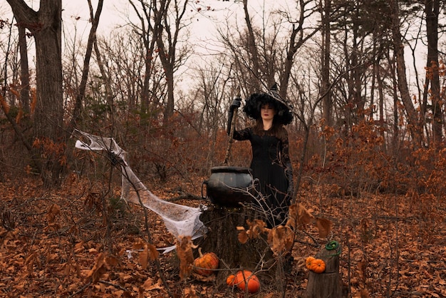 Schöne Frau in Hexenhut und -kostüm, die einen Trank im Kessel im Herbstwald zubereitet Halloween-Konzept Selektiver Fokus