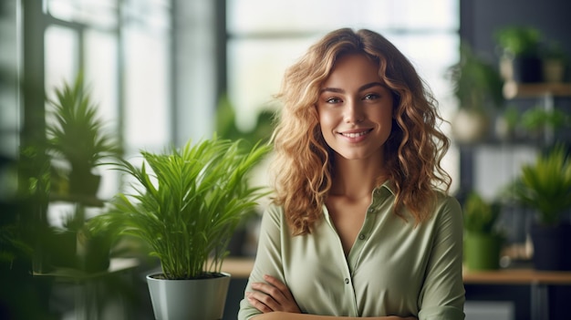 Schöne Frau in ihrem naturfreundlichen Büro