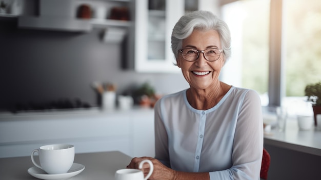 Schöne Frau lächelt mit einer Tasse Kaffee in der Küche ihres Hauses