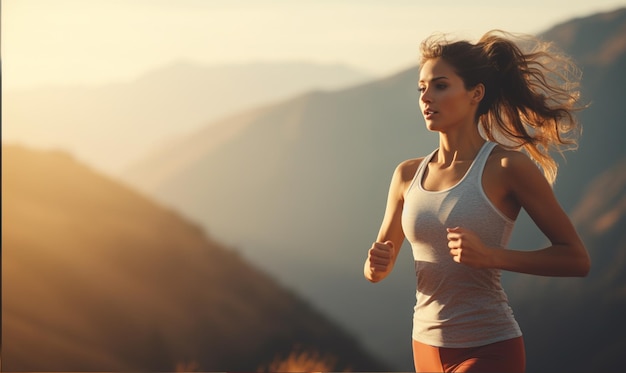 Schöne Frau läuft Trail-Training im Freien mit Blick auf die Berge und lebt einen gesunden Lebensstil