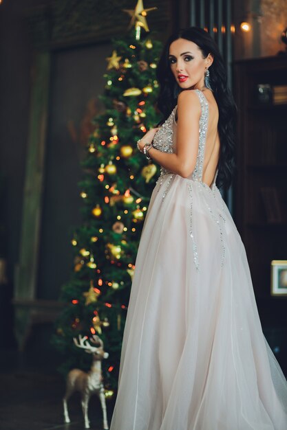 Schöne Frau Mädchen in Neujahrsstudio posiert, Foto Neujahr Fotosession. Schönes Mädchen in einem luxuriösen Kleid mit schlanken Beinen. Weihnachts-, Winter-, Glückskonzept.