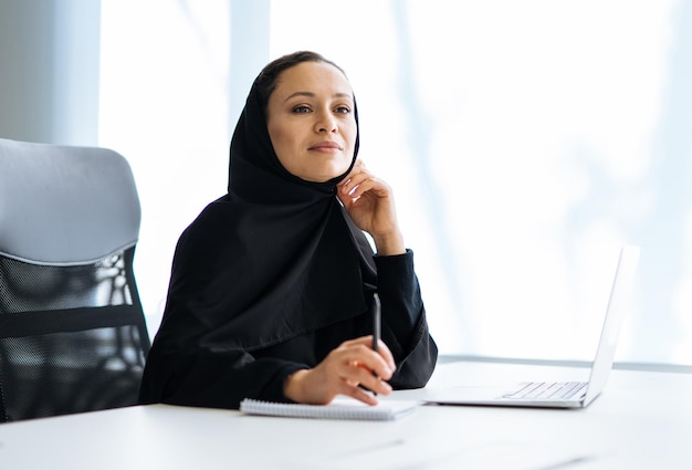 Schöne Frau mit Abaya-Kleid, die an ihrem Computer arbeitet. Angestellte mittleren Alters bei der Arbeit in einem Geschäftsbüro in Dubai. Konzept über Kulturen und Lebensstil des Nahen Ostens