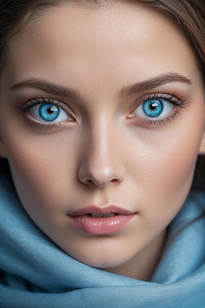 Foto schöne frau mit blauen augen, die auf eine von ki erzeugte kamera schaut