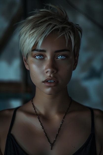 Schöne Frau mit blauen Augen und kurzen Haaren in dunkler Stimmung