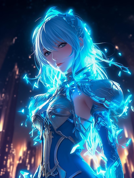 Schöne Frau mit blauen Flügeln, kraftvoller Engel im Anime-Stil, Spielcharakter-Konzept, Ai generiert