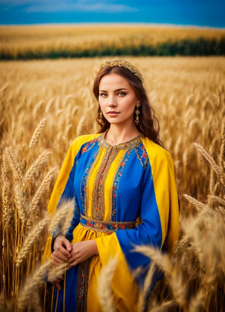 Schöne Frau mit einer Flagge in einem Weizenfeld in der Ukraine selektiver Fokus