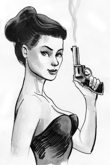 Schöne Frau mit einer rauchenden Waffe. Tinte Schwarz-Weiß-Zeichnung