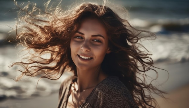 Schöne Frau mit flatterndem Haar am Strand