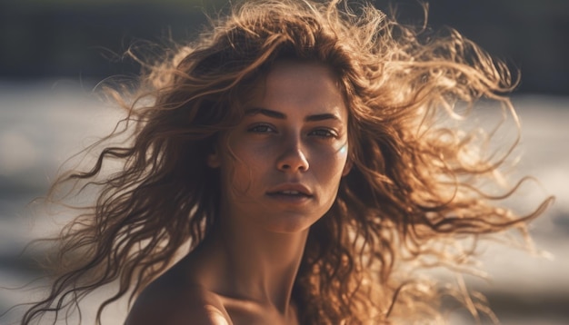 Schöne Frau mit flatterndem Haar am Strand
