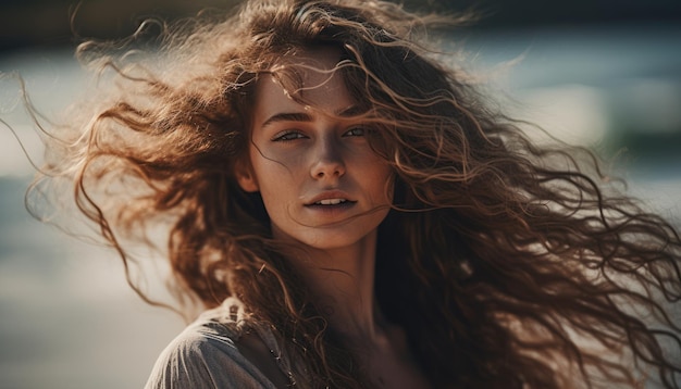 Schöne Frau mit flatterndem Haar am Strand