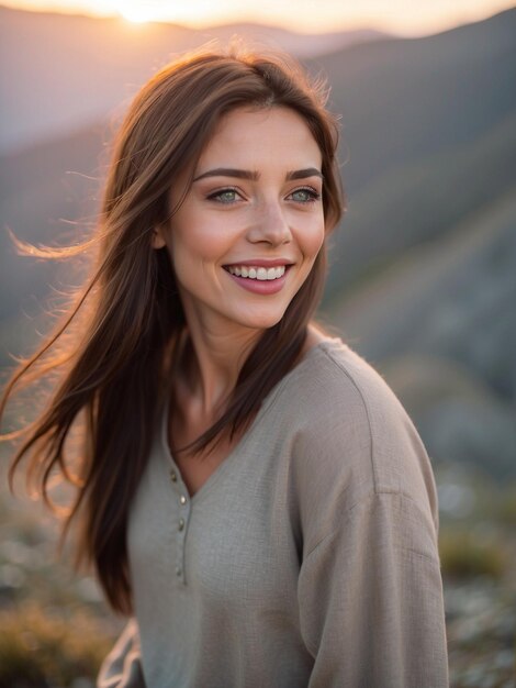 Schöne Frau mit geraden braunen Haaren, hellblauen Augen, ungleichmäßiger Haut, unverwechselbar, unkonventionell und verwundbar.