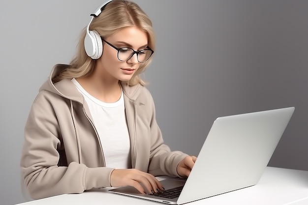 Schöne Frau mit Headset und Laptop vor weißer Wand